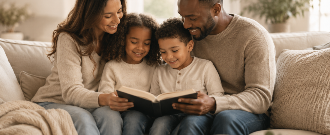 image of parents and children reading the bible together